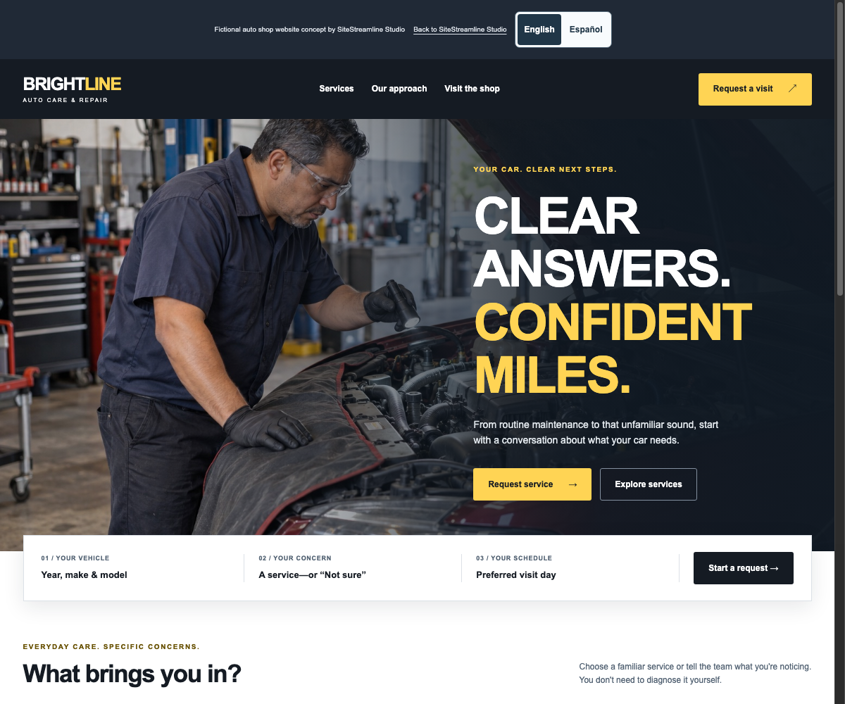Auto repair design with the approved mechanic inspecting an engine and clear service request actions, desktop website concept
