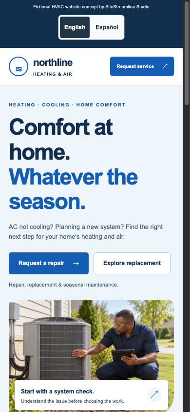 Matching mobile HVAC concept with the same headline, image, and service options