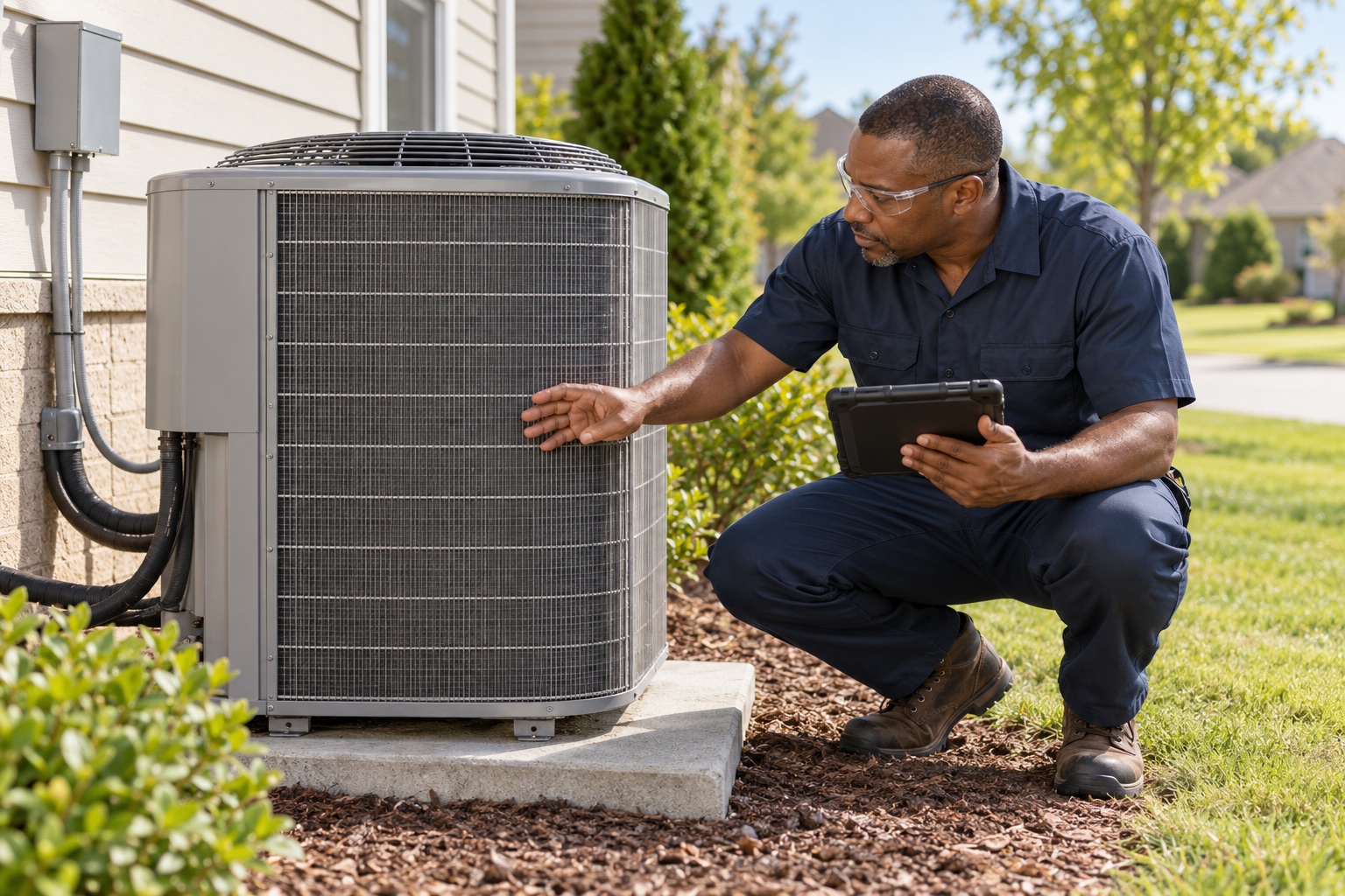 HVAC technician with safety glasses visually inspecting a closed outdoor AC unit while holding a service tablet