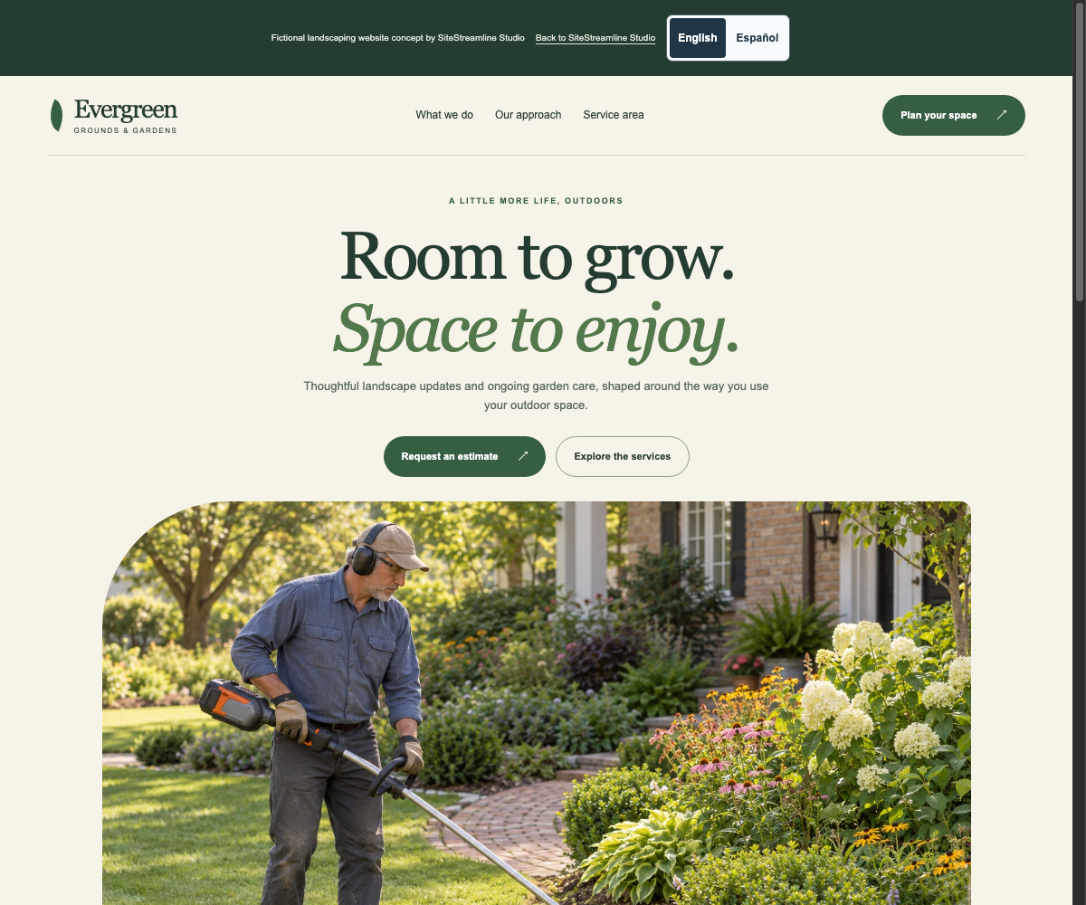 Landscaping design featuring the approved blue-shirted worker trimming beside flower beds, desktop website concept